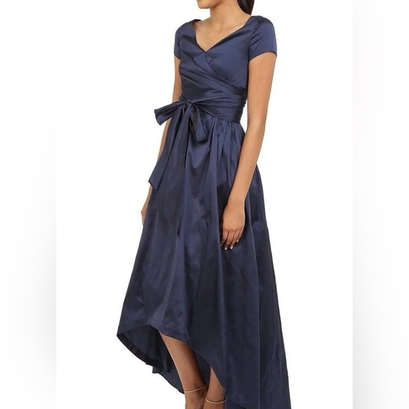 Navy Ruched Taffeta High-Low Gown - Picture 2 of 9